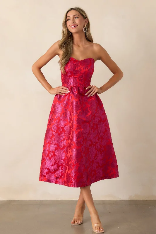 Midnight Magic Red & Pink Jacquard Midi Dress