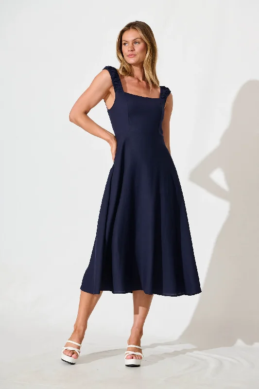 Nikolena Midi Dress in Navy Cotton Linen