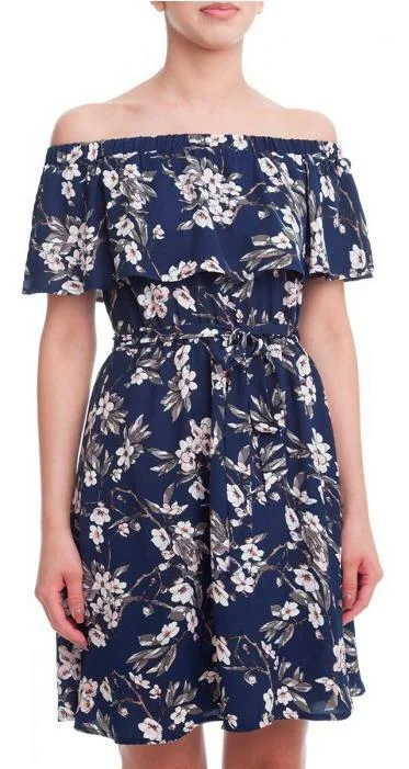 Bloom Zeal Navy Floral Print Off-The-Shoulder Ruffle Dress