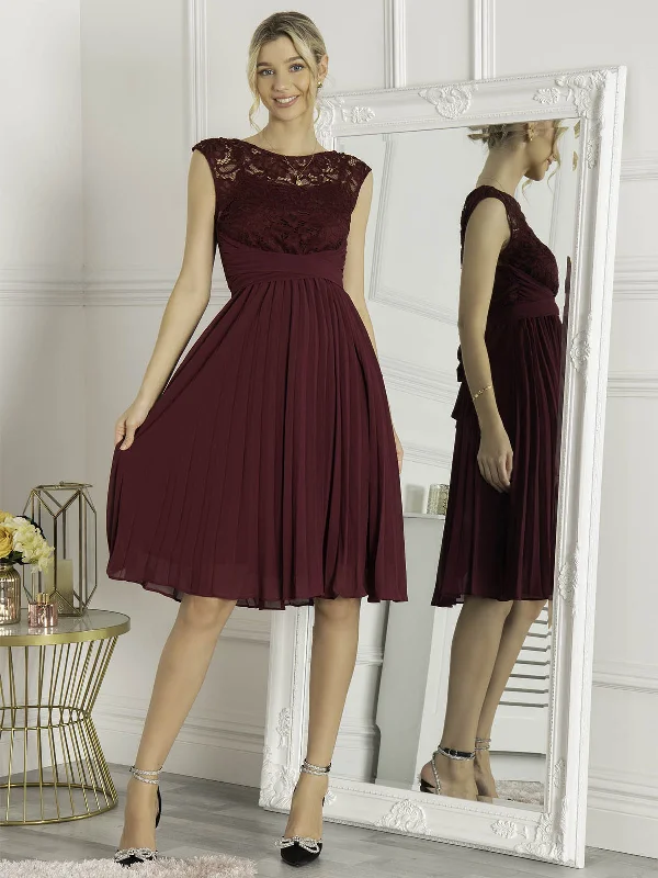 Cindy Lace Bodice Pleated Dress, Burgundy