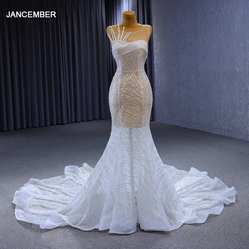 Jancember Rsm222144 Modern White Mermaid Sequined Sleeveless Floor Length Prom Evening Dress