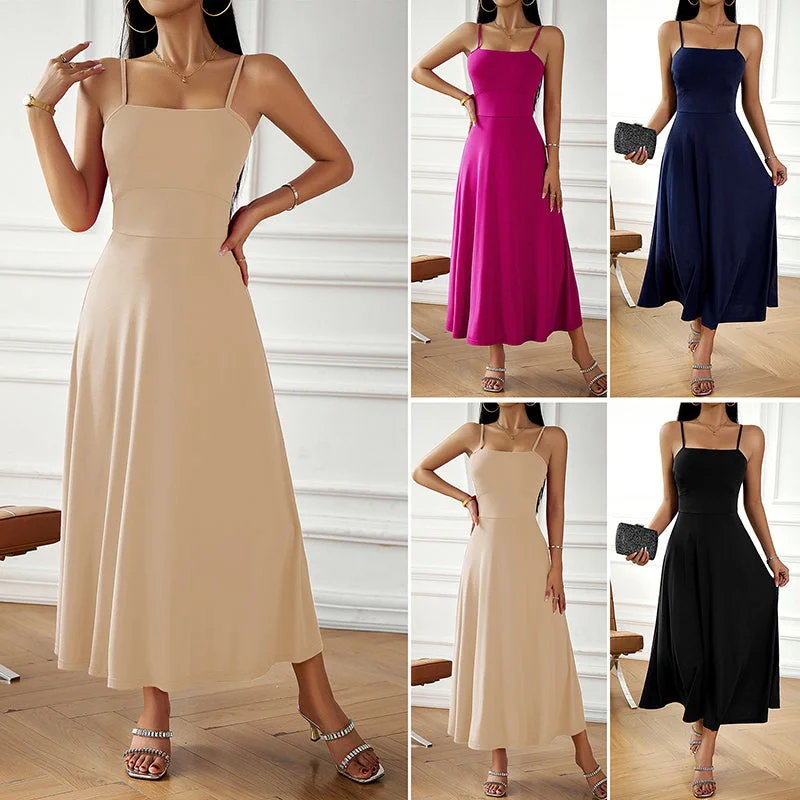 Wholesale Sexy Spaghetti Strap Long Dresses for Woman Solid Color Backless Bandage Prom A-line Dress Women Elegant Evening Robes